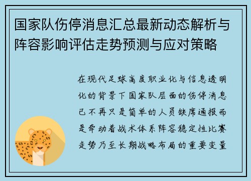 国家队伤停消息汇总最新动态解析与阵容影响评估走势预测与应对策略