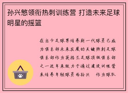 孙兴慜领衔热刺训练营 打造未来足球明星的摇篮